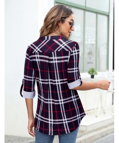 Women's Zip Front V-Neck 3/4 Sleeve Tunic Casual Top Black Plaid $18.23 Sweaters