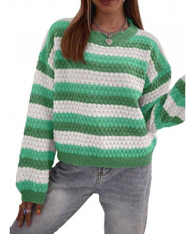 Women's Color Block Striped Drop Shoulder Crew Neck Sweater Pullover Top Green $21.44 Sweaters