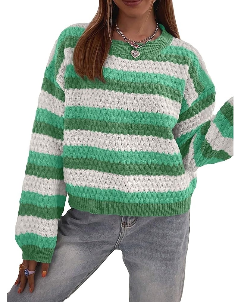 Women's Color Block Striped Drop Shoulder Crew Neck Sweater Pullover Top Green $21.44 Sweaters