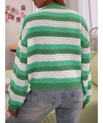 Women's Color Block Striped Drop Shoulder Crew Neck Sweater Pullover Top Green $21.44 Sweaters