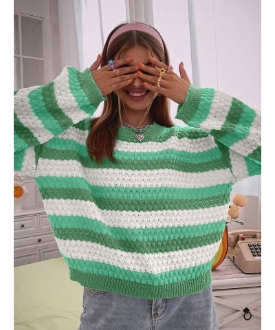 Women's Color Block Striped Drop Shoulder Crew Neck Sweater Pullover Top Green $21.44 Sweaters