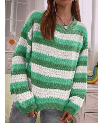 Women's Color Block Striped Drop Shoulder Crew Neck Sweater Pullover Top Green $21.44 Sweaters