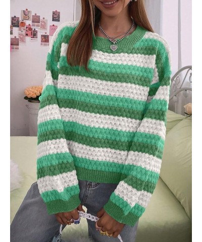 Women's Color Block Striped Drop Shoulder Crew Neck Sweater Pullover Top Green $21.44 Sweaters