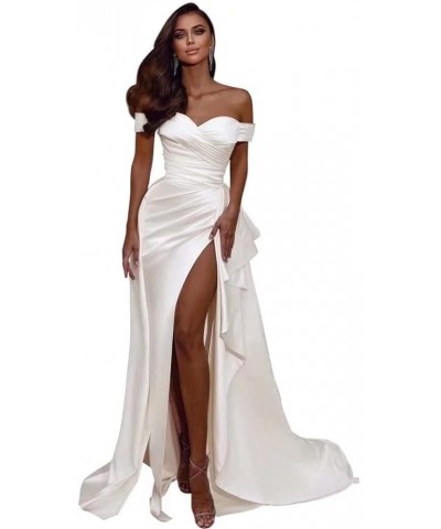 Women’s Off Shoulder Mermaid Prom Dresses with High Split Satin Ruched Long Formal Evening Gowns Sexy Ivory $39.89 Dresses