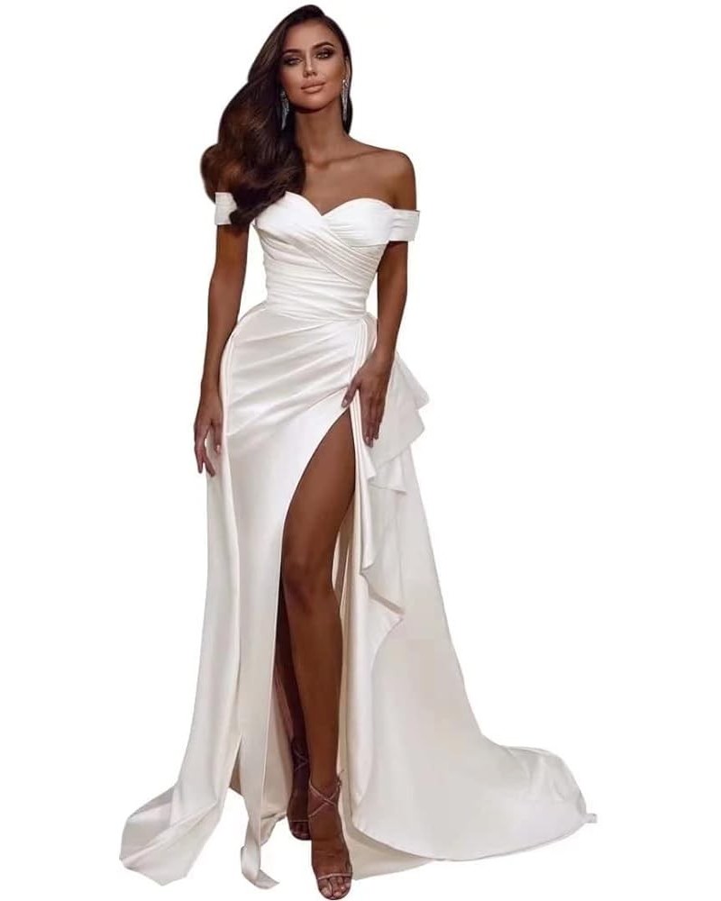 Women’s Off Shoulder Mermaid Prom Dresses with High Split Satin Ruched Long Formal Evening Gowns Sexy Ivory $39.89 Dresses