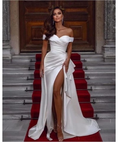 Women’s Off Shoulder Mermaid Prom Dresses with High Split Satin Ruched Long Formal Evening Gowns Sexy Ivory $39.89 Dresses