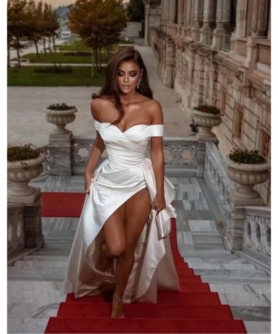 Women’s Off Shoulder Mermaid Prom Dresses with High Split Satin Ruched Long Formal Evening Gowns Sexy Ivory $39.89 Dresses