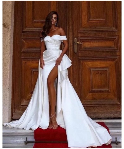 Women’s Off Shoulder Mermaid Prom Dresses with High Split Satin Ruched Long Formal Evening Gowns Sexy Ivory $39.89 Dresses