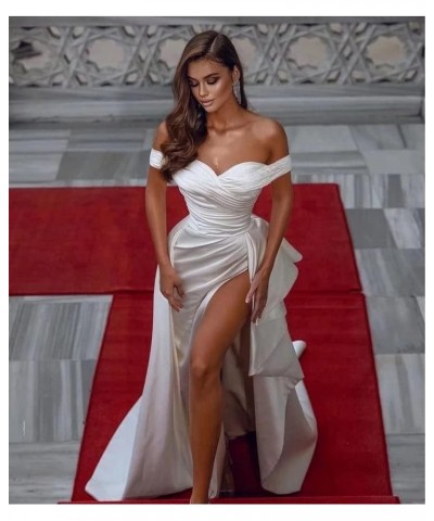 Women’s Off Shoulder Mermaid Prom Dresses with High Split Satin Ruched Long Formal Evening Gowns Sexy Ivory $39.89 Dresses