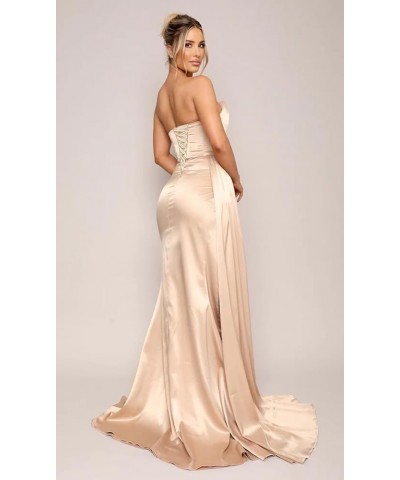 Satin Mermaid Prom Dress with Slit Side Sash Strapless Sleeveless Long Bridesmaid Dresses Formal Evening Gown for Women White...