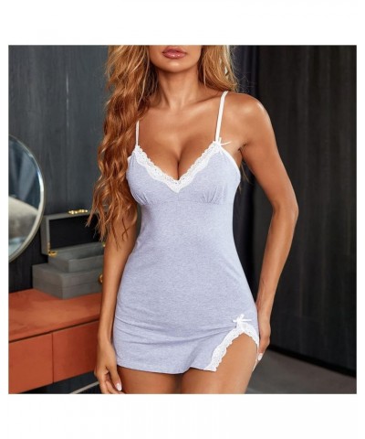 Women's Sleeveless Lace Trim Nightgown Spaghetti Strap Cami Night Dress Sleepwear Sexy V-Neck Underwear Lingerie Sets Gray $3...