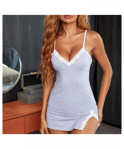 Women's Sleeveless Lace Trim Nightgown Spaghetti Strap Cami Night Dress Sleepwear Sexy V-Neck Underwear Lingerie Sets Gray $3...