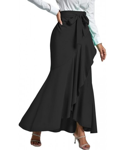 Women's Tie Waist Ruffle Wrap Mermaid Fishtail Hem High Waist Long Maxi Skirt Black $13.44 Skirts