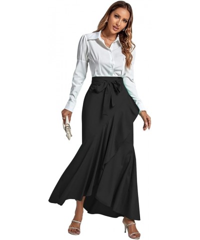 Women's Tie Waist Ruffle Wrap Mermaid Fishtail Hem High Waist Long Maxi Skirt Black $13.44 Skirts