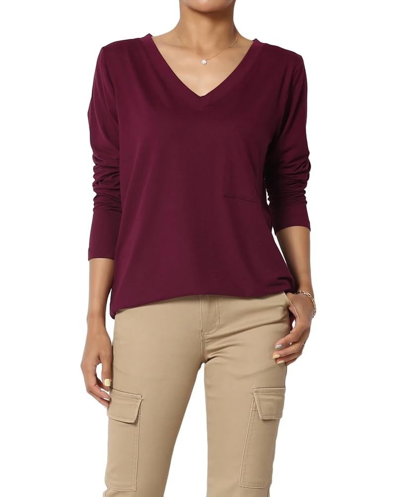 Women's Ultra Soft Jersey Chest Pocket Loose Fit Long T-Shirt Long Sleeve Tee Microfiber Dark Burgundy $13.91 Tops