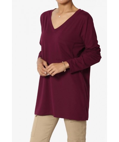 Women's Ultra Soft Jersey Chest Pocket Loose Fit Long T-Shirt Long Sleeve Tee Microfiber Dark Burgundy $13.91 Tops