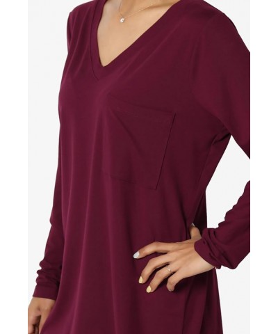 Women's Ultra Soft Jersey Chest Pocket Loose Fit Long T-Shirt Long Sleeve Tee Microfiber Dark Burgundy $13.91 Tops