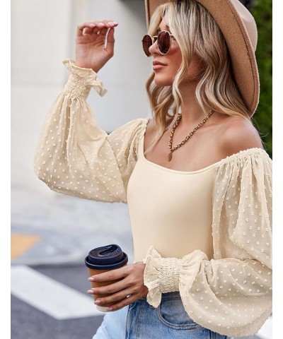 Women's Top Mesh Long Sleeve Shirts Casual Square Neck Polka Dot Puff Sleeve Tunic Blouse Beige $8.61 Blouses