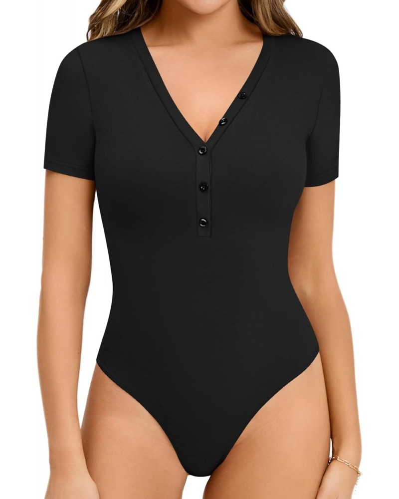 Bodysuits for Women Short Sleeve Bodysuit Button-Design V Neck Body Suit Bodysuit Tops Going Out (Black, XX-Large) $14.99 Bod...