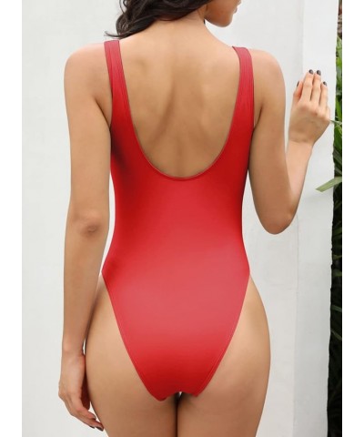 Women Sexy Lace-up V Neck One Piece Swimsuits U Back High Cut Bathing Suits Rose Red $21.21 Swimsuits