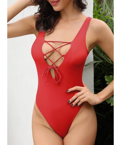 Women Sexy Lace-up V Neck One Piece Swimsuits U Back High Cut Bathing Suits Rose Red $21.21 Swimsuits