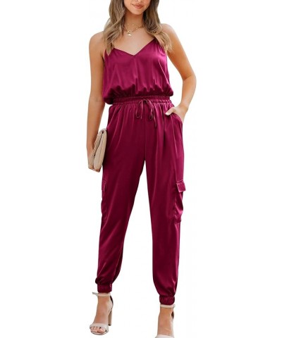 Women's Casual Sleeveless Adjustable Spaghetti Strap Jumpsuits Summer One Piece Outfits Satin Long Pants Rompers Solid Wine R...