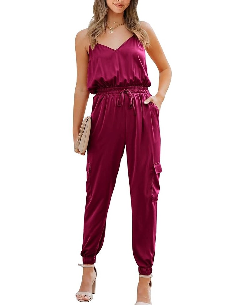 Women's Casual Sleeveless Adjustable Spaghetti Strap Jumpsuits Summer One Piece Outfits Satin Long Pants Rompers Solid Wine R...