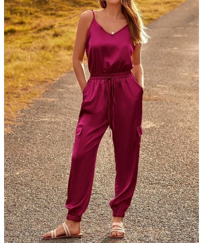 Women's Casual Sleeveless Adjustable Spaghetti Strap Jumpsuits Summer One Piece Outfits Satin Long Pants Rompers Solid Wine R...