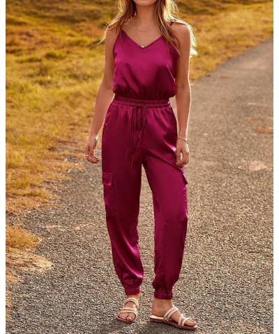 Women's Casual Sleeveless Adjustable Spaghetti Strap Jumpsuits Summer One Piece Outfits Satin Long Pants Rompers Solid Wine R...