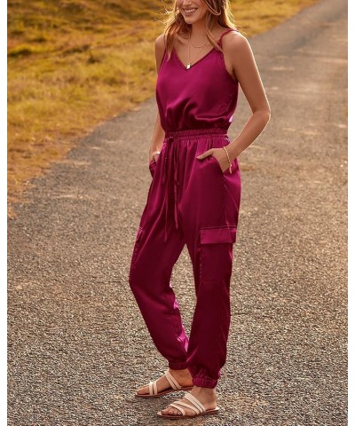 Women's Casual Sleeveless Adjustable Spaghetti Strap Jumpsuits Summer One Piece Outfits Satin Long Pants Rompers Solid Wine R...