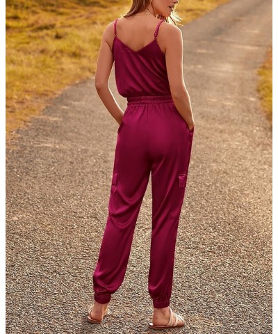 Women's Casual Sleeveless Adjustable Spaghetti Strap Jumpsuits Summer One Piece Outfits Satin Long Pants Rompers Solid Wine R...