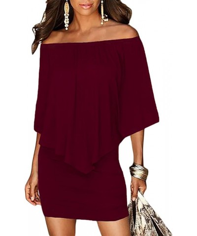 Womens Off Shoulder Ruffles Nigh Club Bodycon Mini Dress Burgundy $19.94 Dresses