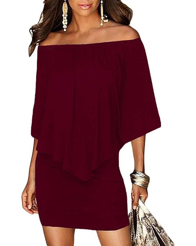 Womens Off Shoulder Ruffles Nigh Club Bodycon Mini Dress Burgundy $19.94 Dresses