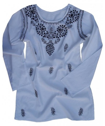 Cotton Tunic Top Kurti Blouse Hand Embroidered Black Embroidery on White Tunic $16.49 Tops