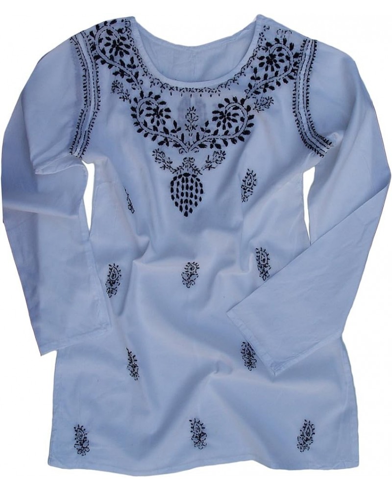 Cotton Tunic Top Kurti Blouse Hand Embroidered Black Embroidery on White Tunic $16.49 Tops