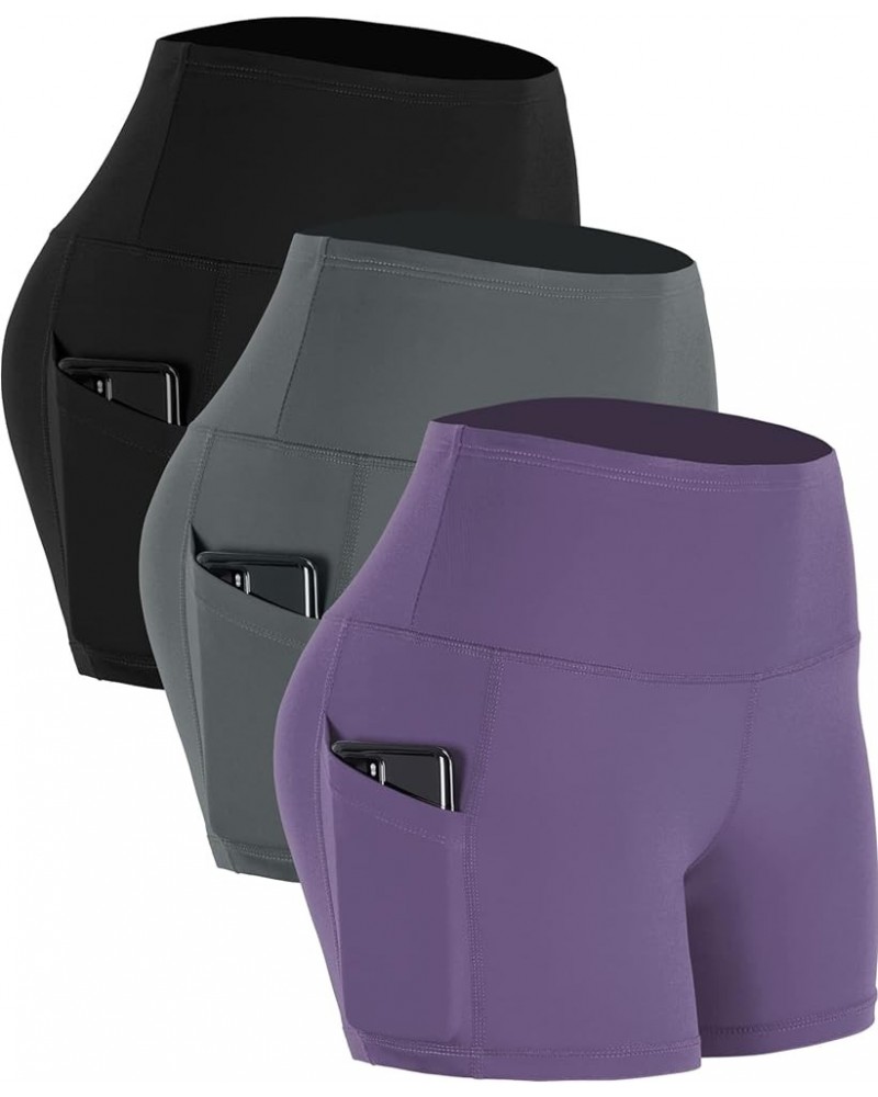 High Waist Athletic Shorts for Womens Yoga Fitness Running Shorts with Deep Pockets Pack of 3:16 Black & Grey & Lavender $14....