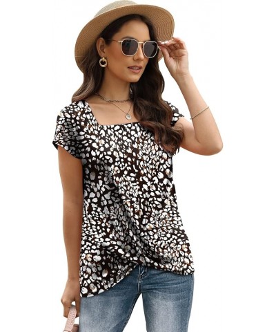 Women's Short Sleeve Round Neck T Shirt Front Twist Tunic Tops Casual Loose Fitted Square Neck-18white Leopard $11.09 T-Shirts