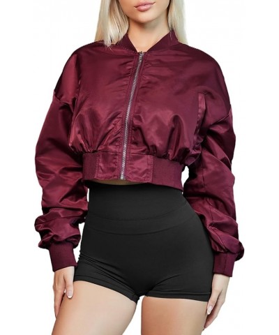 Womens Zip Up Cropped Bomber Jacket Y2K Trendy Crop Jackets with Pockets Burgundy Red $15.75 Jackets