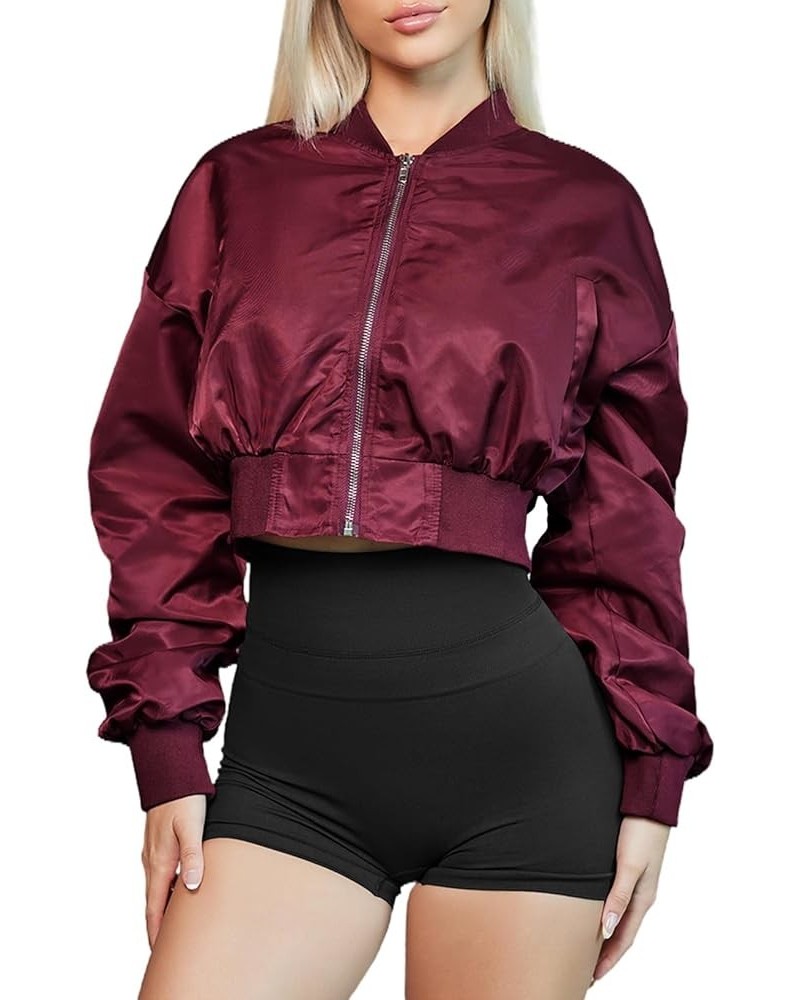 Womens Zip Up Cropped Bomber Jacket Y2K Trendy Crop Jackets with Pockets Burgundy Red $15.75 Jackets