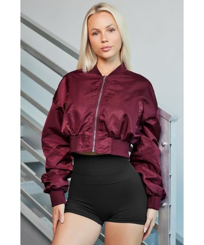 Womens Zip Up Cropped Bomber Jacket Y2K Trendy Crop Jackets with Pockets Burgundy Red $15.75 Jackets