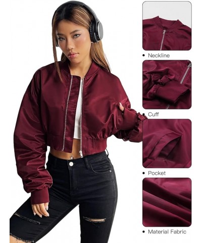 Womens Zip Up Cropped Bomber Jacket Y2K Trendy Crop Jackets with Pockets Burgundy Red $15.75 Jackets