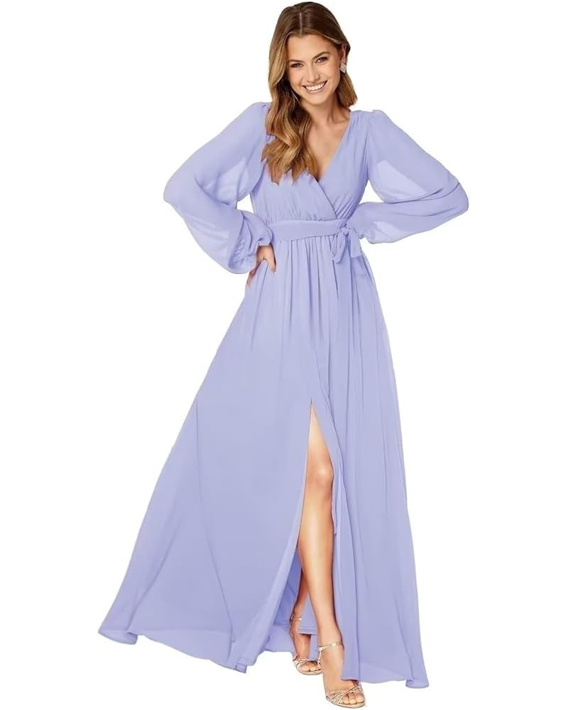 Long Sleeve Bridesmaid Dresses for Women Pleated Chiffon Slit Formal Evening Dresses with Pockets Lavender $29.06 Dresses