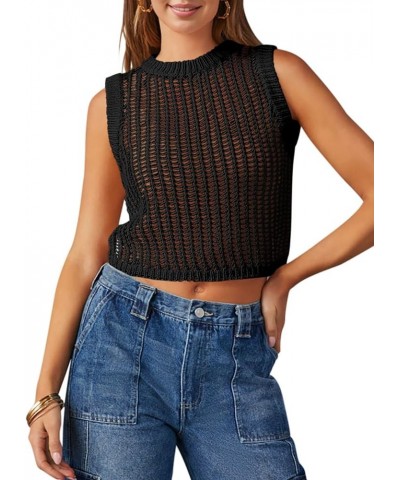 Womens Summer Crochet Tank Top Casual Sleeveless Crewneck Hollow Out Loose Knit Trendy Crop Tops Black $16.79 Tanks