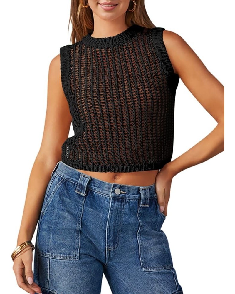 Womens Summer Crochet Tank Top Casual Sleeveless Crewneck Hollow Out Loose Knit Trendy Crop Tops Black $16.79 Tanks