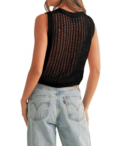 Womens Summer Crochet Tank Top Casual Sleeveless Crewneck Hollow Out Loose Knit Trendy Crop Tops Black $16.79 Tanks