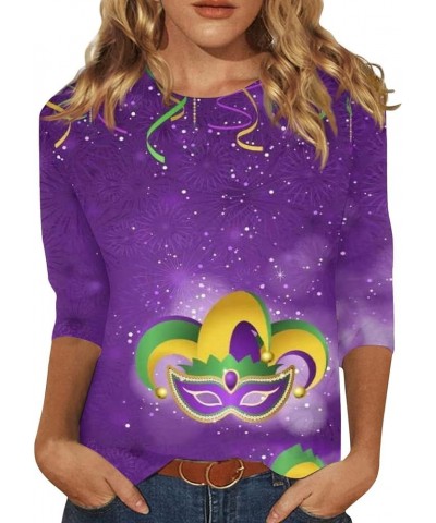 Women Mardi Gras Mask Graphic Shirt 2024 Fashion Round Neck Carnival Celebration Tshirt 3/4 Sleeve Party Blouse Tops 23 Light...