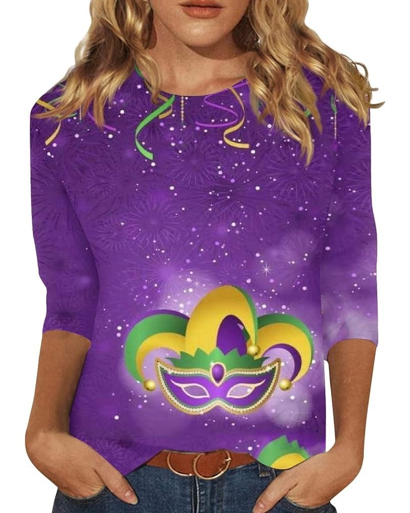 Women Mardi Gras Mask Graphic Shirt 2024 Fashion Round Neck Carnival Celebration Tshirt 3/4 Sleeve Party Blouse Tops 23 Light...