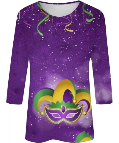 Women Mardi Gras Mask Graphic Shirt 2024 Fashion Round Neck Carnival Celebration Tshirt 3/4 Sleeve Party Blouse Tops 23 Light...