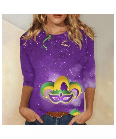 Women Mardi Gras Mask Graphic Shirt 2024 Fashion Round Neck Carnival Celebration Tshirt 3/4 Sleeve Party Blouse Tops 23 Light...