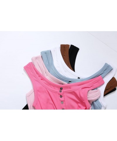 Women's Sleeveless Ribbed Knit Henley Tank Tops Slim Fit Stretchy Summer Casual Top Shirts Rose Red $10.79 Tanks